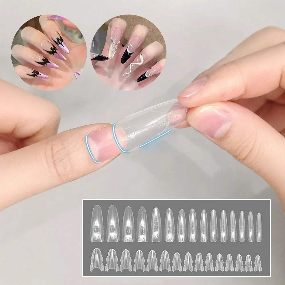 أشكال أظافر على شكل نعش، أطراف أظافر رفيعة للغاية بدون أثر، وصلات شفافة على شكل اللوز، أظافر صناعية على الوجهين #2