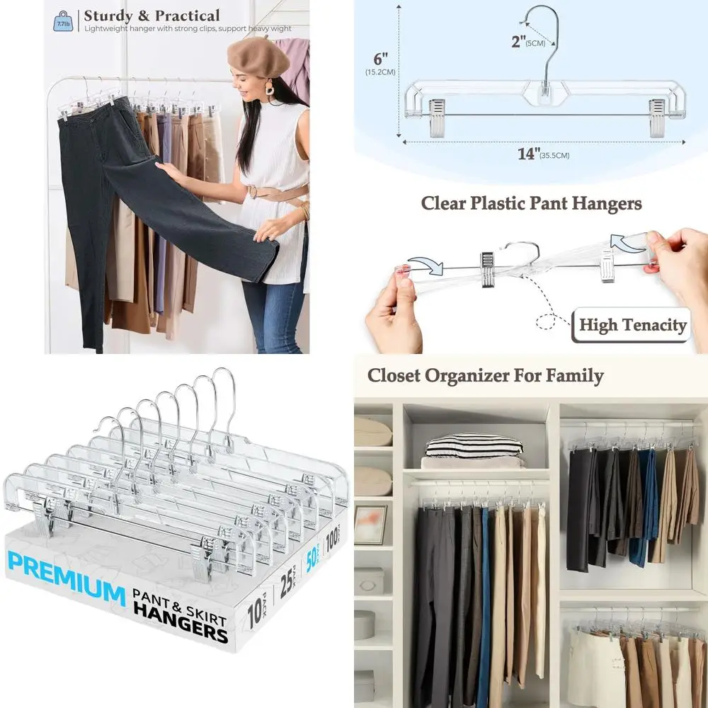 

14-Inch Clear Plastic Pants Hangers with Clips, Bulk Skirt Hangers for Trousers