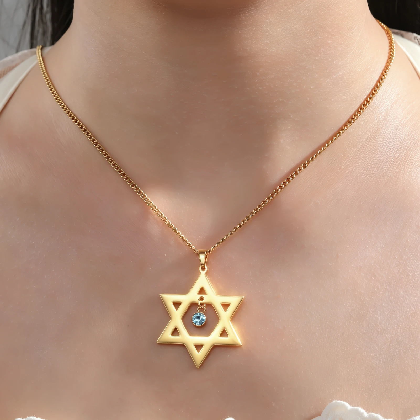 Lucktune Star of David Pendant Necklace for Men Women Light Blue Zircon Charm Hexagram Jewish Israel Necklace Vintage Jewelry