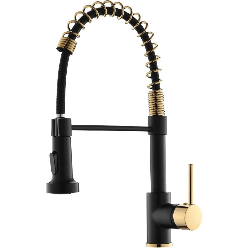 

Matte Black & Gold Kitchen Faucet with Pull Down Sprayer, Commercial Single Handle Spring Faucet for Kitchen Sink