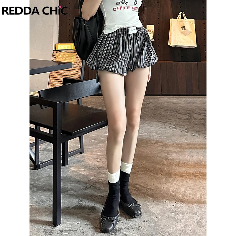 

ReddaChic Vintage Black Striped Bloomers Wide Leg Label Elastic Waist Pumpkin Shorts Lounge Pajama Bottoms Summer Women Clothes