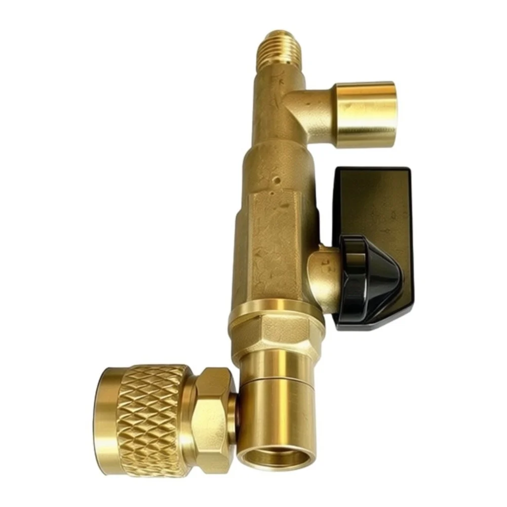 Three Way Brass Ball Valve Set for Refrigerant For Service with Gauge Adapter and Connector for HVAC Maintenance