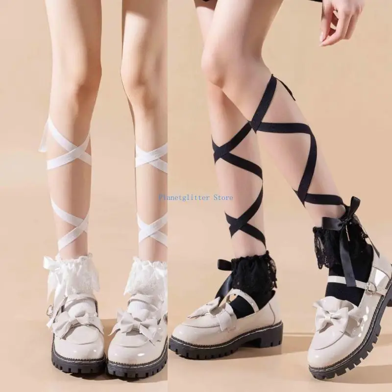 

652B Sweet Ribbon Tie Socks Japanese Aesthetic Ruffle Lace Bowknot Ankle Socks