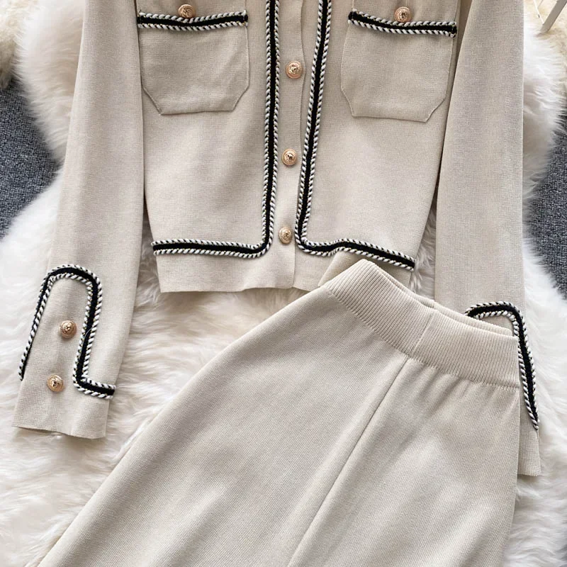 Knitted Two Piece Set Women Autumn Winter Single Breasted Cardigan Top High Waist Wide Leg Pants Vintage Sutis Female Tracksuits