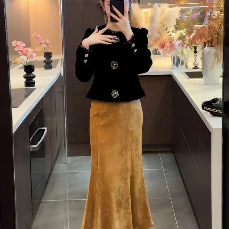 

Бархатные комплекты из 2 предметов во французском стиле, женские наряды, осенняя новая мода, кардиган с длинными рукавами, костюм, пальто, элегантное длинное платье с 3D цветком