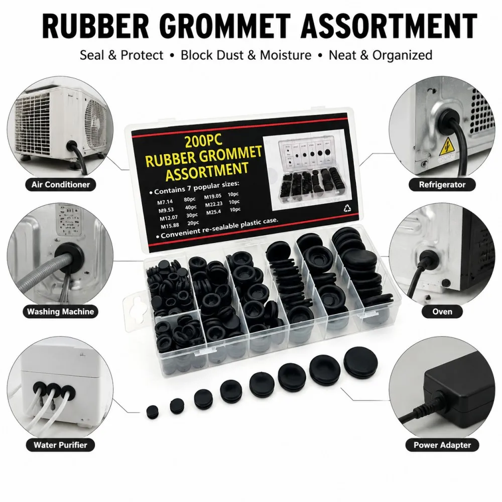 Black 200Pcs Rubber Grommet Combo Kit Wear-Resistant Seal Hole Ring for Wire Management Industrial Automotive Applications