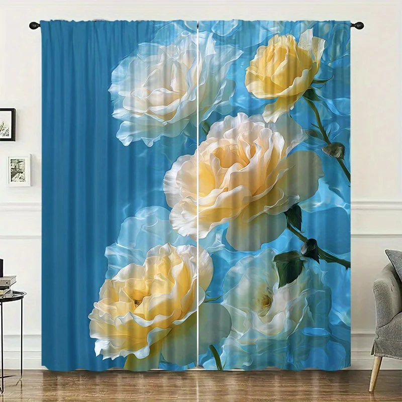 Blue background flower curtains, installed using pocket rod method, suitable for bedrooms, living rooms balconies and decoration