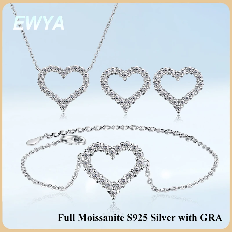 ewya-ハートシェイプフル-d-カラーモアッサナイトリンクブレスレットペンダント女性ガールズ-s925-シルバーラボダイヤモンドチェーンブレスレットイヤリング