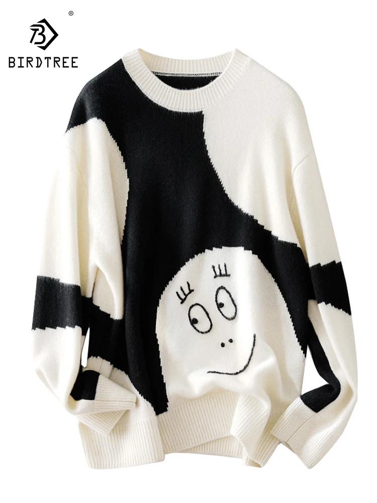 Birdtree 100% Cashmere Autumn Winter Vintage Sweater Cartoon Knitwear Women's Round Neck Casual Loose Thickened Sweater T39219QC