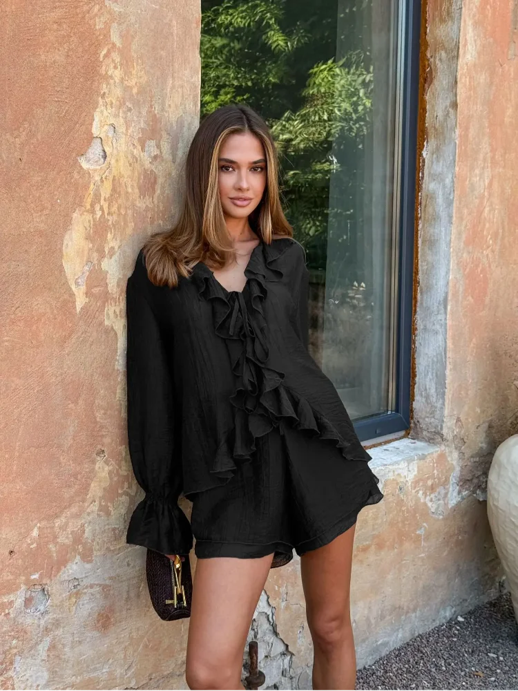 

Cozy Ruffle Long Flared Sleeve Shirt Women Chic See Through Lace Up V-neck Blouse Shorts Suit 2026 Lady Holiday Beach Home