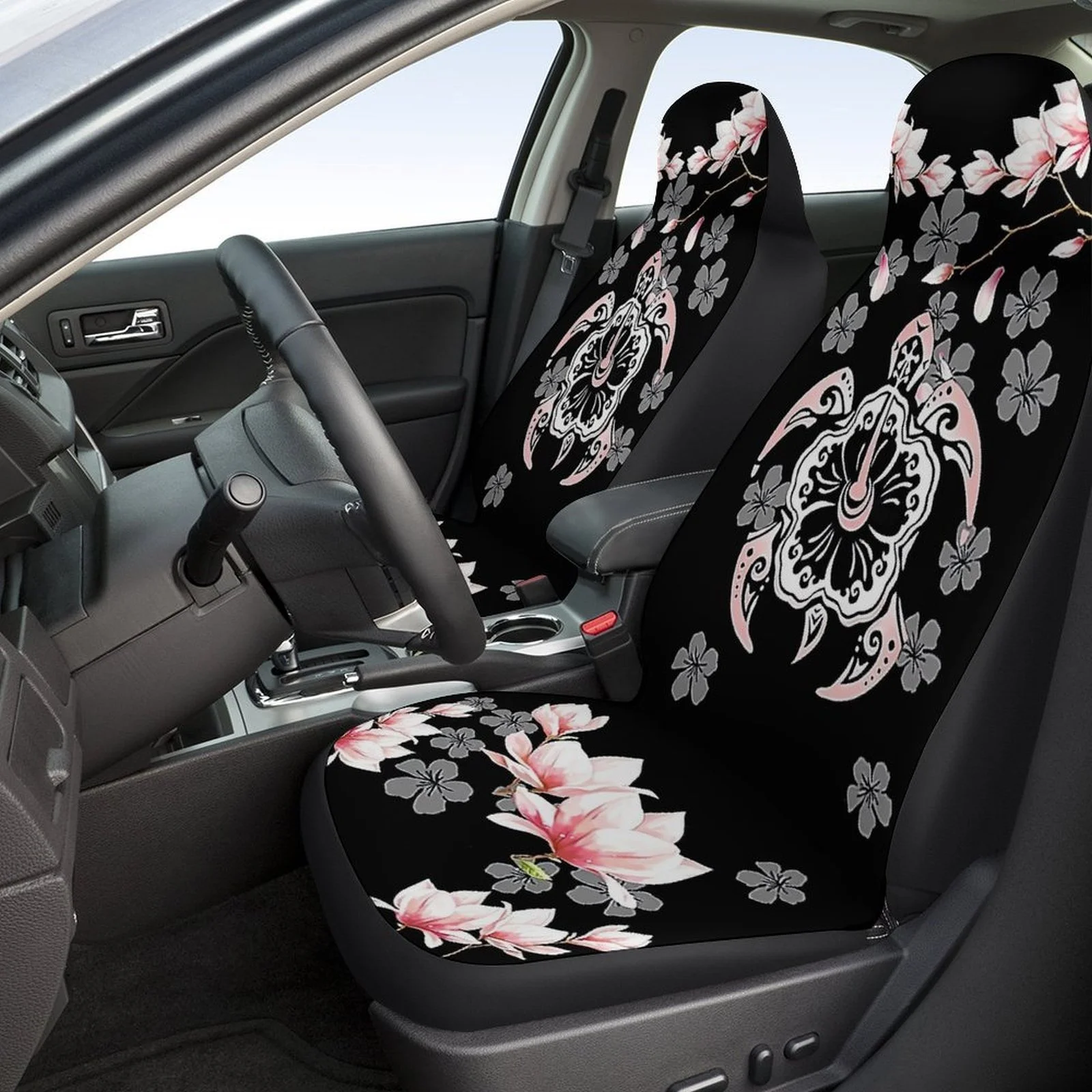 

2pcs Front Car Seat Covers - Abstract Floral & Turtle Print Breathable Anti-Slip Fabric, Machine Washable No-Filler Seat Protect