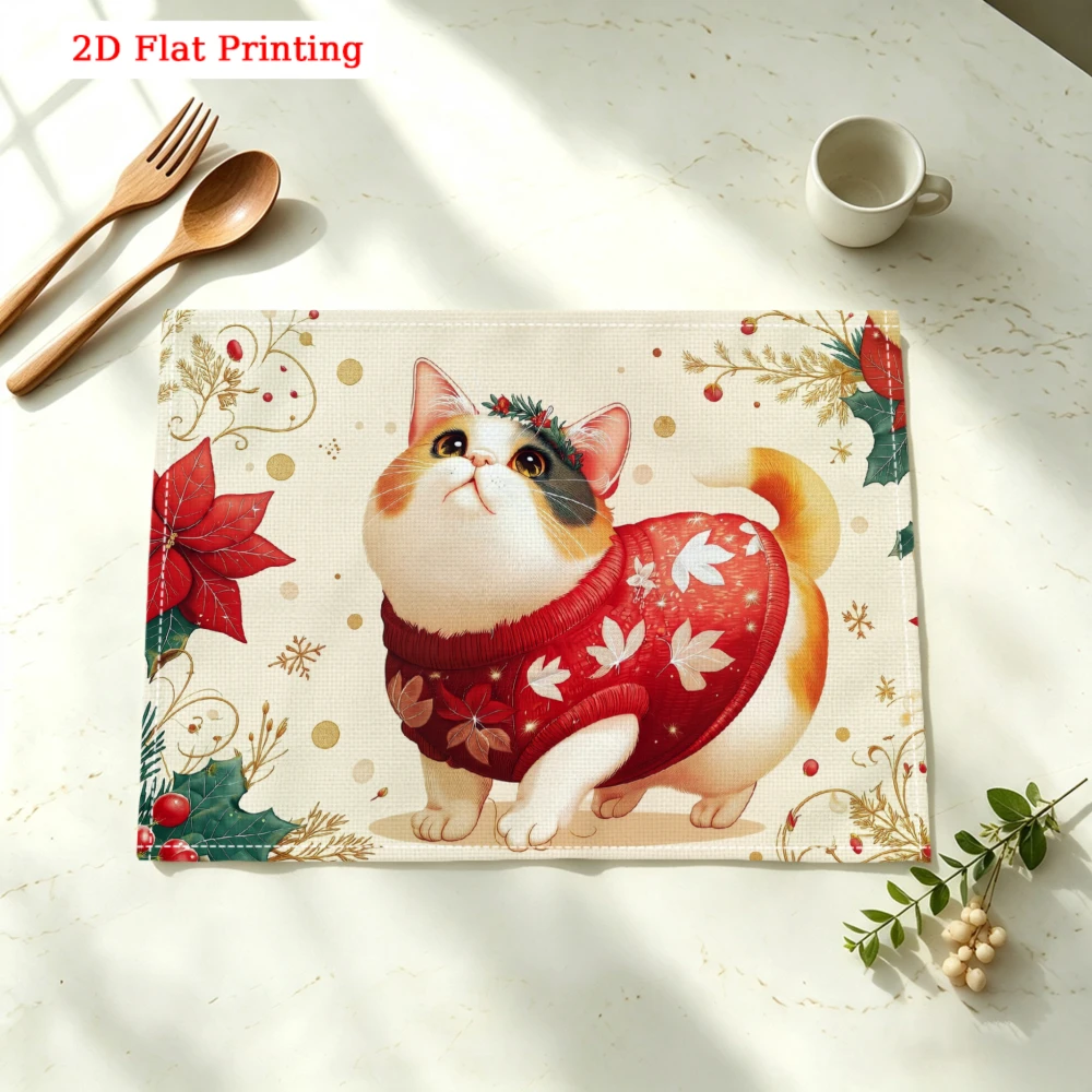 Cute Cat In Red Sweater Kitchen Placemat Coaster Linen Pad Dish Coffee Cup Table Mat 30x40cm Home Decor