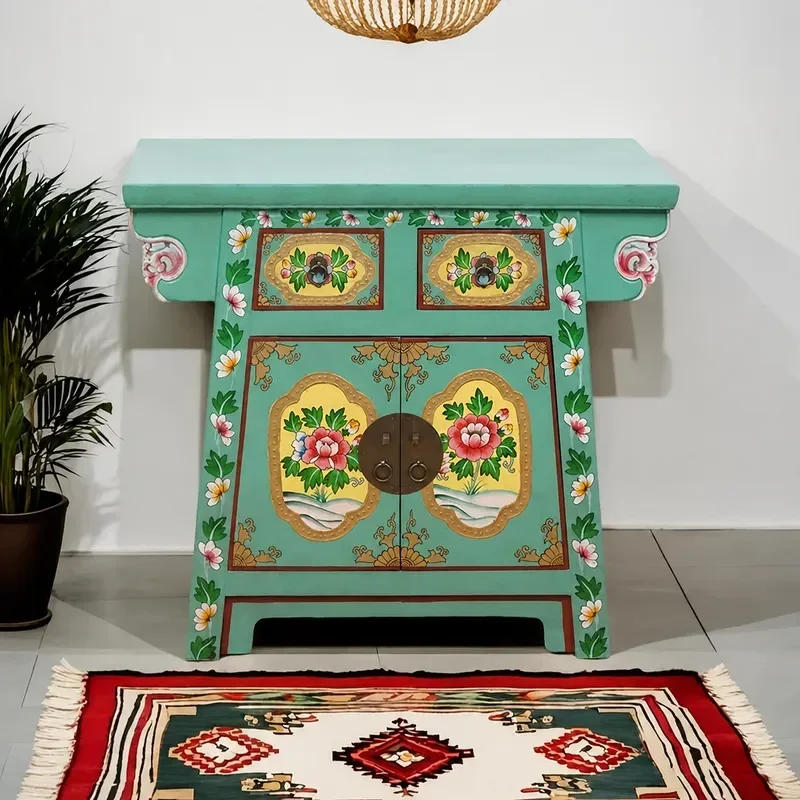 New Chinese Style Solid Wood Bedside Table Retro Painted Storage Cabinet Decorative Tea Cabinet Porch Furniture