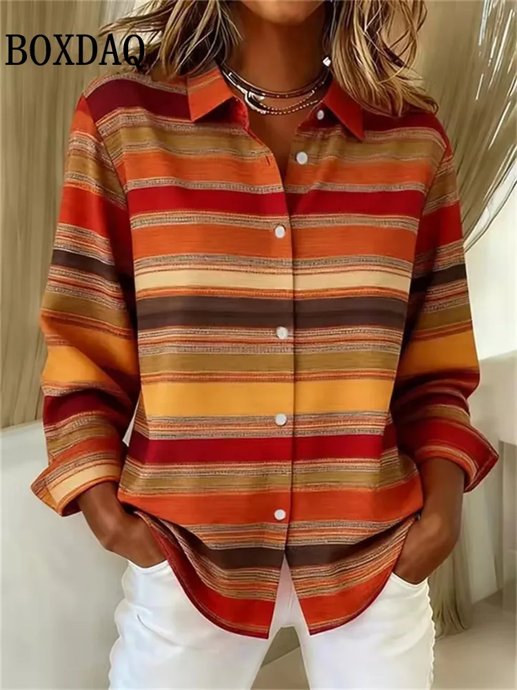 

2026 Spring Women's Blouse Summer Classic Striped 3D Print Casual Long Sleeve Shirts Fashion Lapel Tops Daily Button Female Tops
