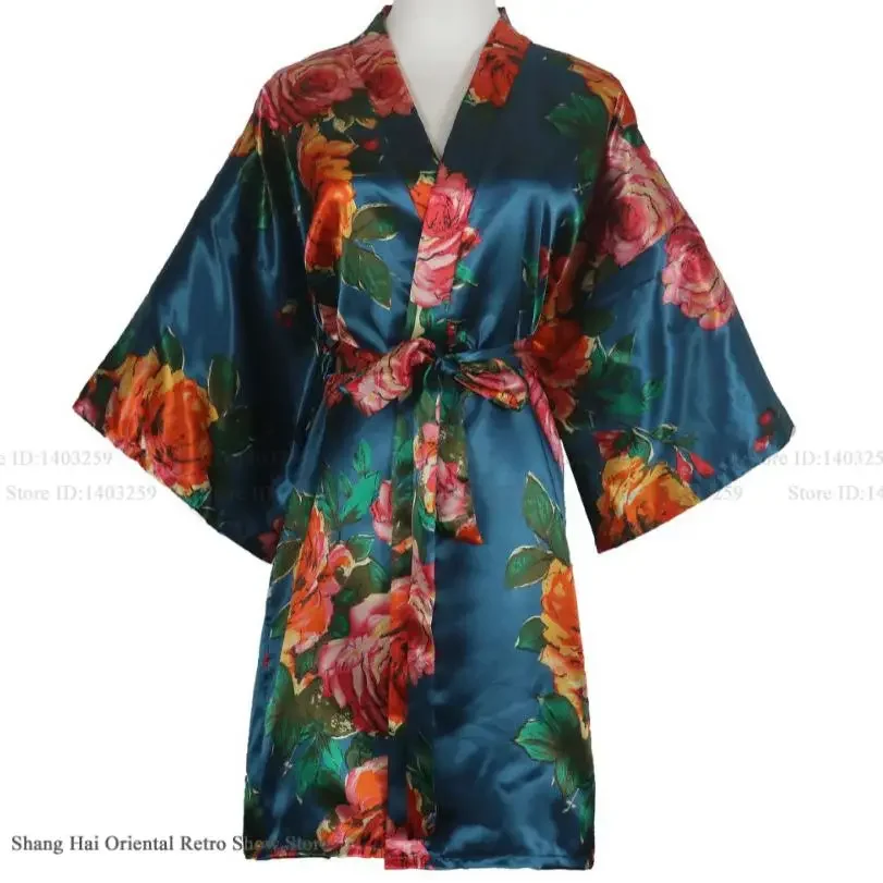 

Print Flower Female Robe Kimono Gown Spring Summer Half Sleeve Bathrobe Home Dressing Gown Sexy Silk Satin Sleepwear Nightgown
