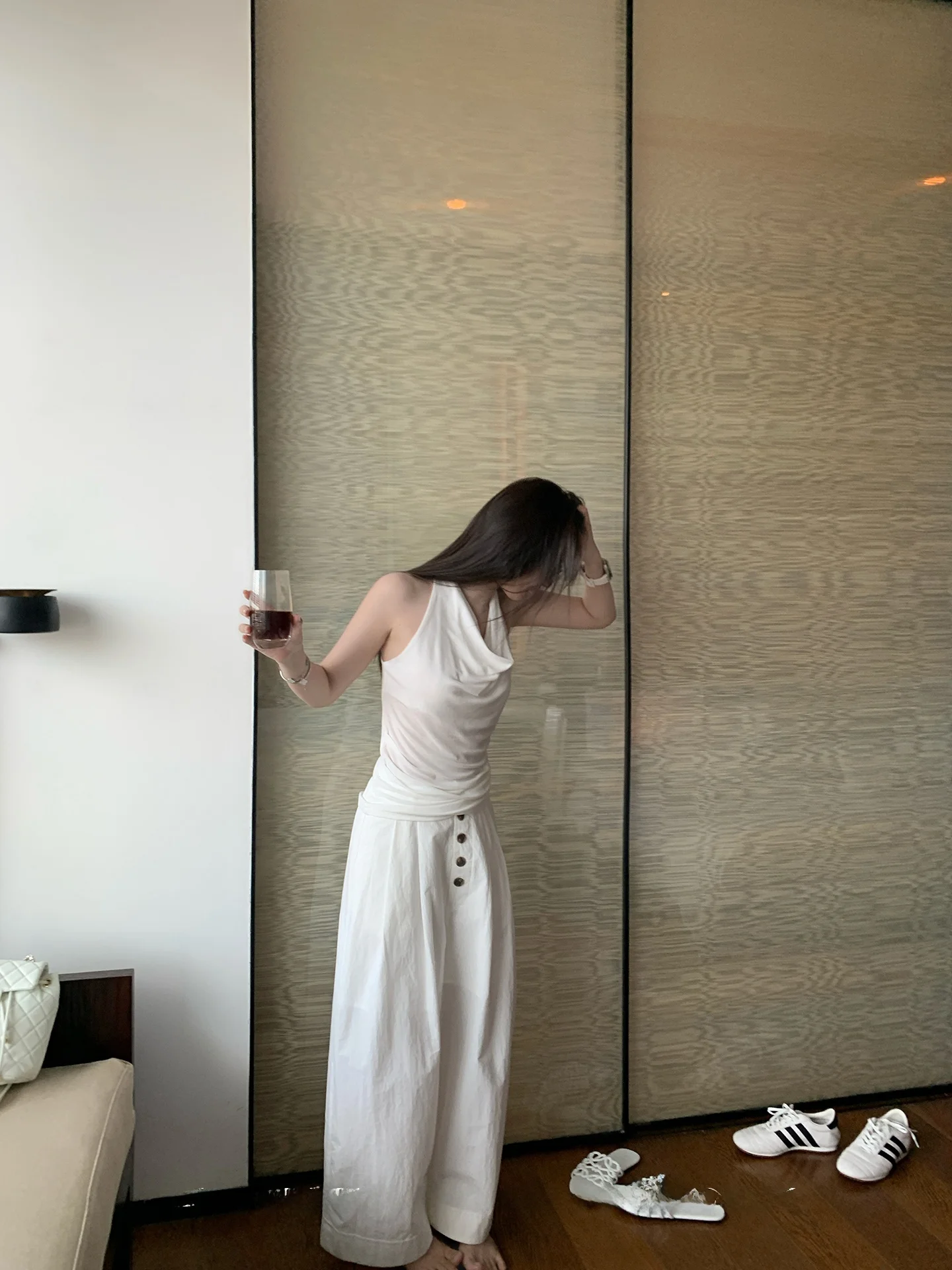 

Брюки с высокой талией и прямыми штанинами из смесового хлопка, длиной в пол, с пуговицами, универсальные повседневные брюки для женщин на лето