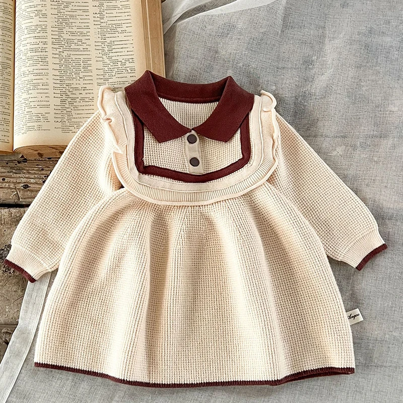 2024 New Autumn European American Style Infant Baby Girl Party Dress Long Sleeved Knitted Splicing Kids Knitting Princess Dress