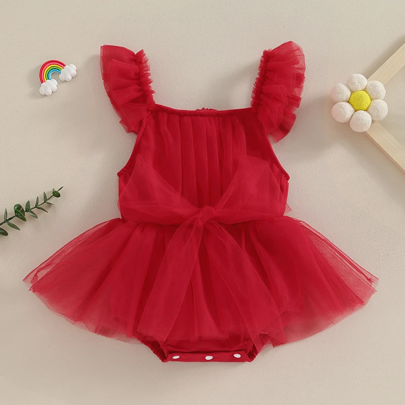 Cute Infant Baby Girls Romper Clothes Summer Sleeveless Tie Knot Front Pleated Tulle Newborn Romper Dress For 0-24Months