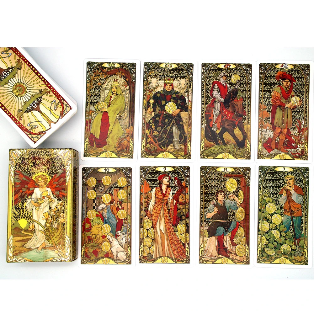 Golden Art Nouveau Tarot Cards Family Party Supplies Tarot Deck with Guidebook English Version Tarot Oracle Cards for Beginners