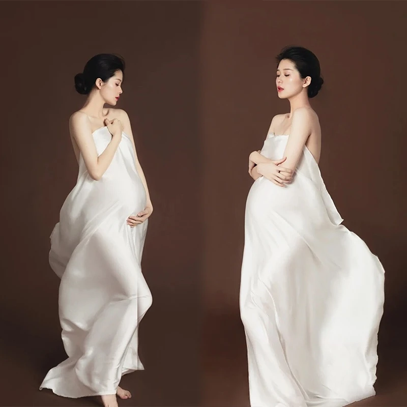 White Maternity Photography Props Maxi Maternity Gown Silk Cloth Maternity Dress Elegant Satin Shooting Photo Pregnant Dress Plu