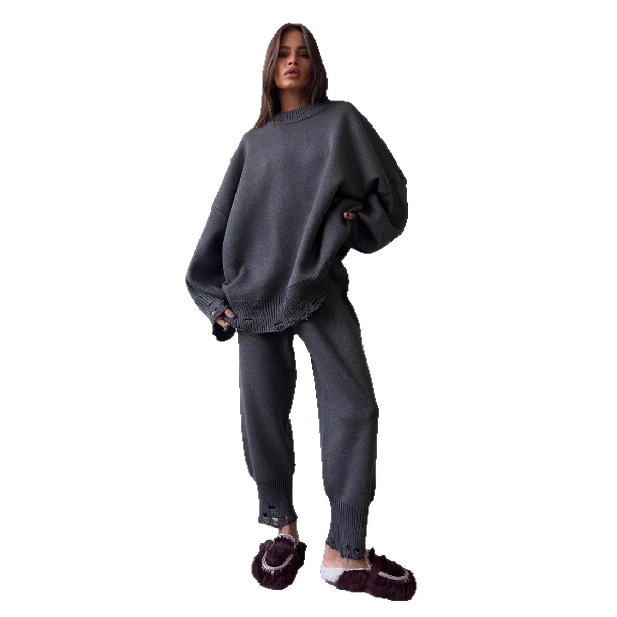Zwei Stück Hose Sets Frauen Warme Pullover O Neck Löcher Lose Solide Strick Lange Hosen Casual Anzug Dame Sportliche Herbst Winter 2025
