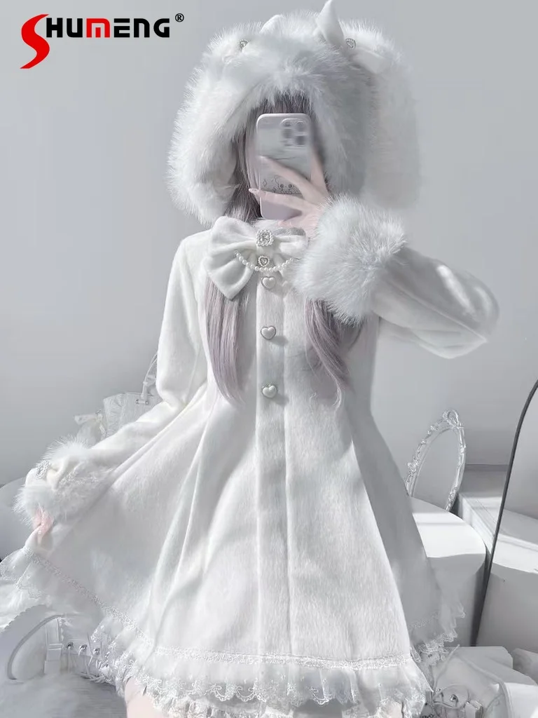 

Christmas Lolita Cos Sweet White Overcoats Winter New Girls' Slim Fit Elegant Woolen Jackets Japanese Mine Long Coats for Women