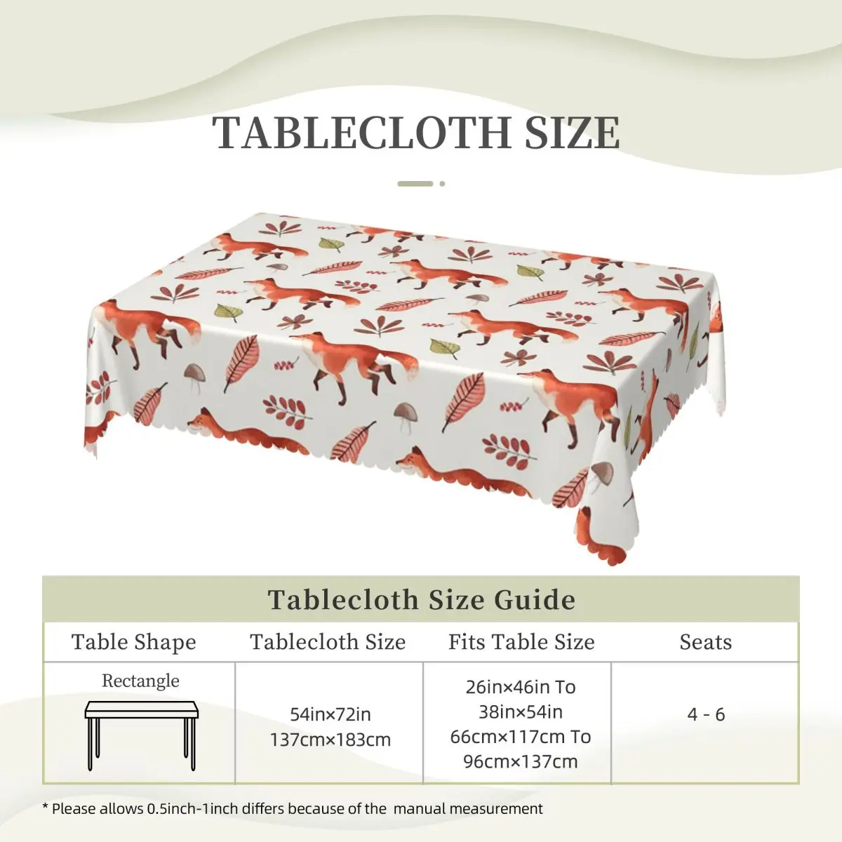 Fall Fox Watercolor Pattern Custom Rectangular Tablecloth Waterproof Table Cover for Dining Events Table Cloth