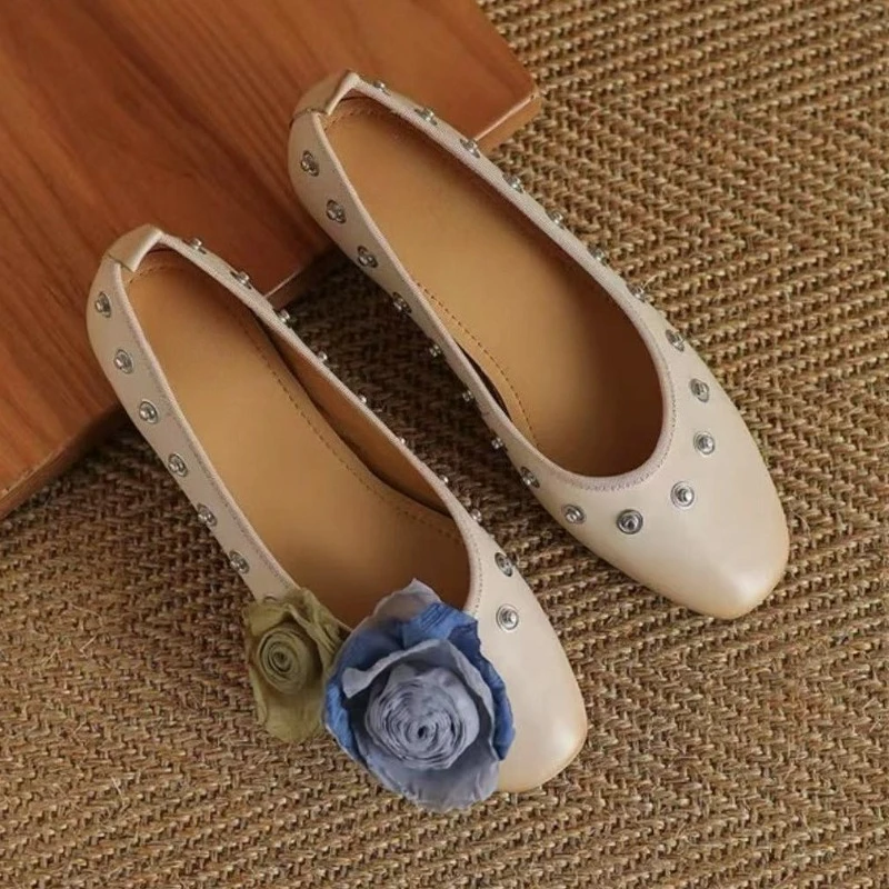 Zapatos De diseñador De moda De flores para Mujer, Zapatos planos informales cómodos y poco profundos, Zapatos De vestir con remaches, Zapatos Mary Jane De marca para Mujer