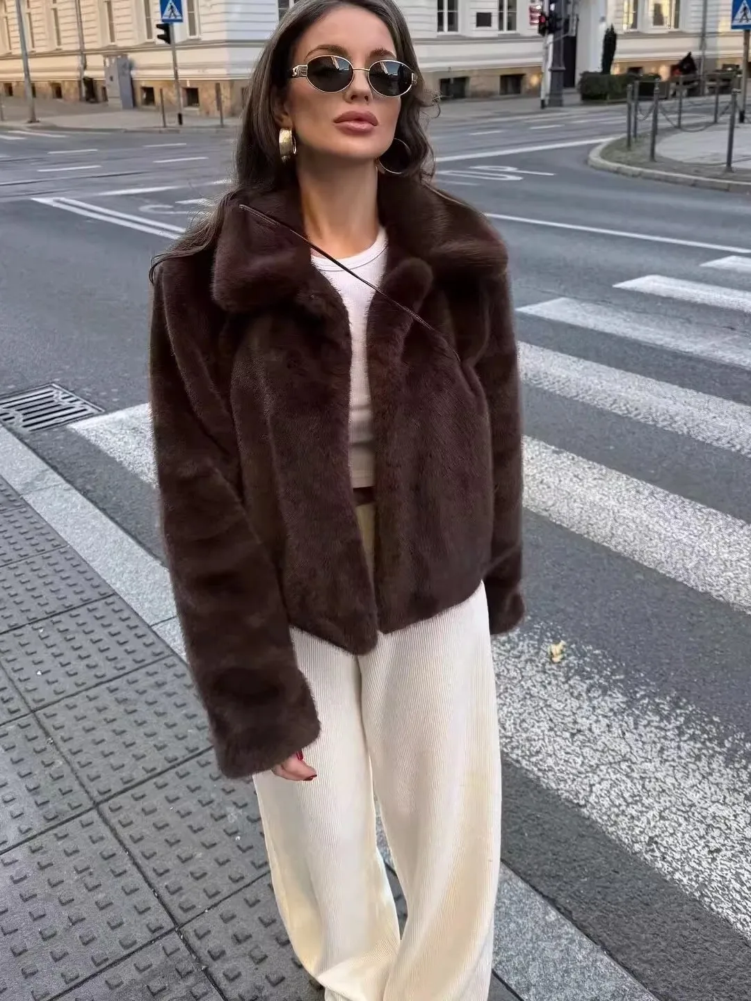 

Женское пальто Ele с эффектом искусственного меха, новинка зимы ZA2025, прямой крой, длинный рукав, с воротником