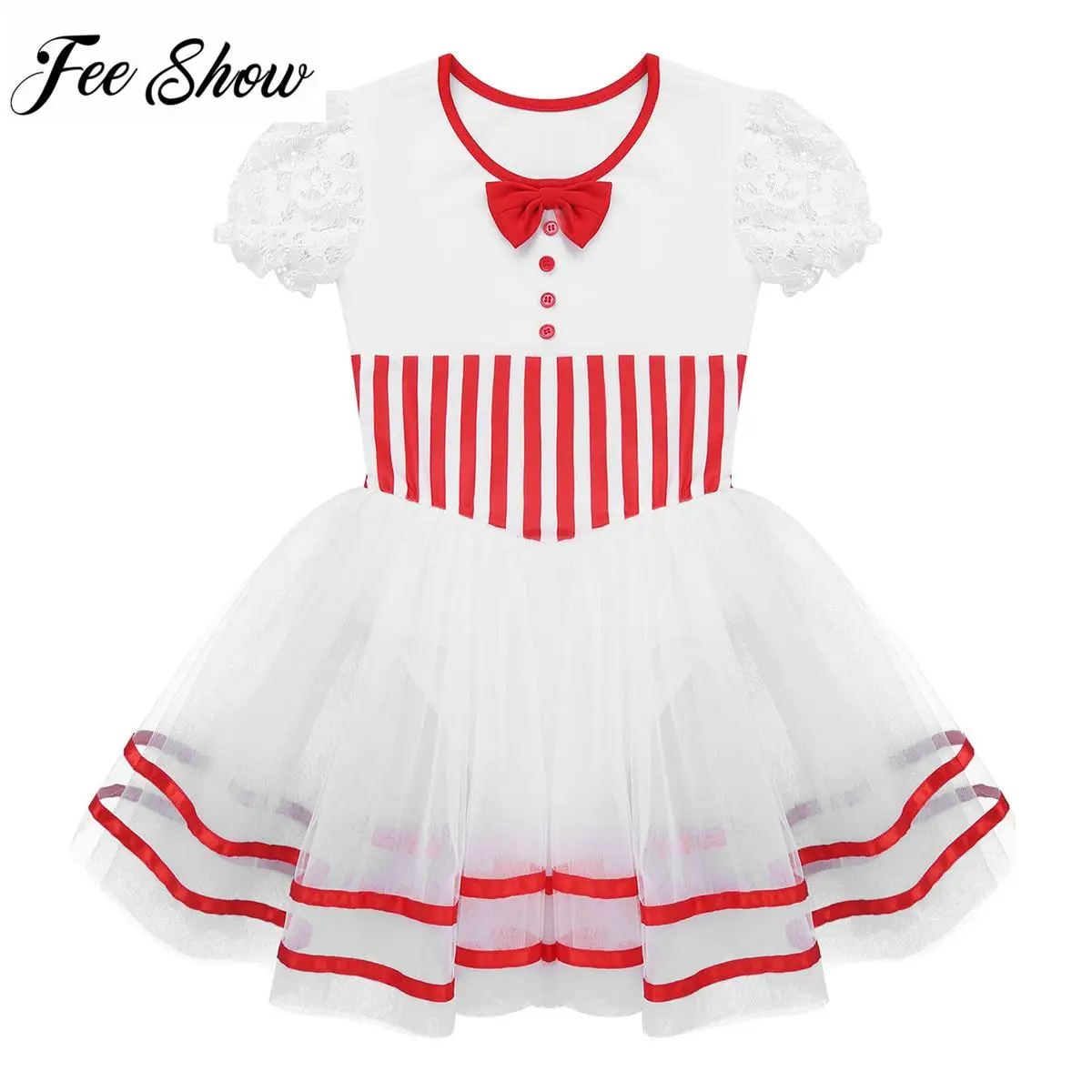 Kids Girls Christmas Dance Costume Short Lace Puff Sleeves Striped Waist Figure Ice Skating Baton Twirling Mesh Leotard Dress