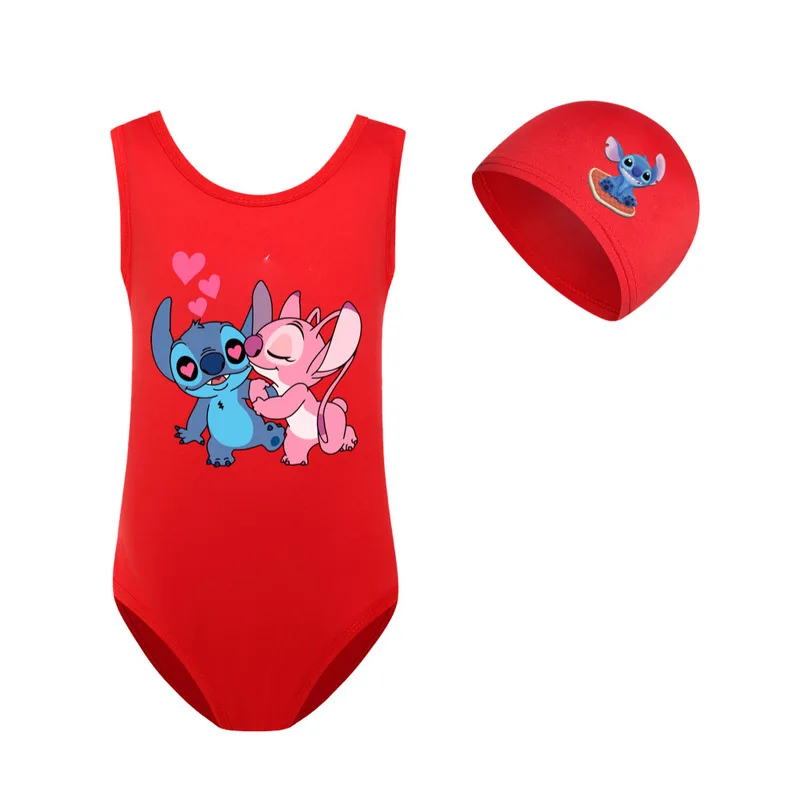 Kids Girls Swimwear Swimsuit Cartoon Lilo & Stitch Baby Swimming Cap Set Children Movement Outfit Learn To Swim Tops 3-14year