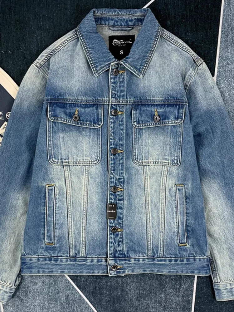 2023 autunno e inverno nuovo americano retrò manica lunga risvolto Denim moda uomo puro cotone lavato vecchio cappotto Casual multitasche