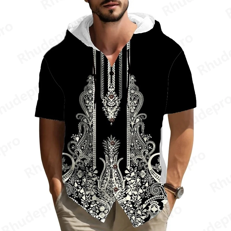 

Summer Men 2025 National Style Streetwear Short Sleeve Hoodie Cardigan 3D Printed Shirt For Male Casual Loose Button Man Shirts
