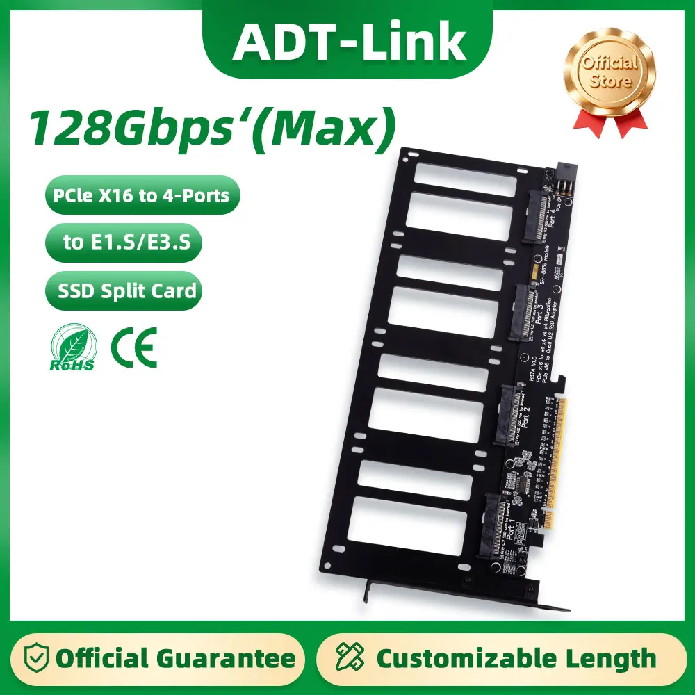 ADT-Link R37A PCIe to E1.S/E3.S(SFF-TA-1002) 128Gbps PCIe 5.0 X16 to 4-Port U.2/EDSFF Hard Drive Split Adapter Expansion Card