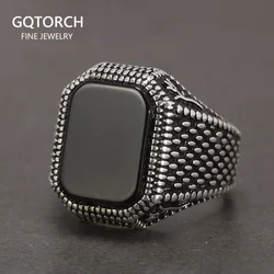 Real Pure 925 Sterling Silver Signet Rings for Men Ottoman Tugra With Black Agate Natural Stone Retro Rose Flower Engraved