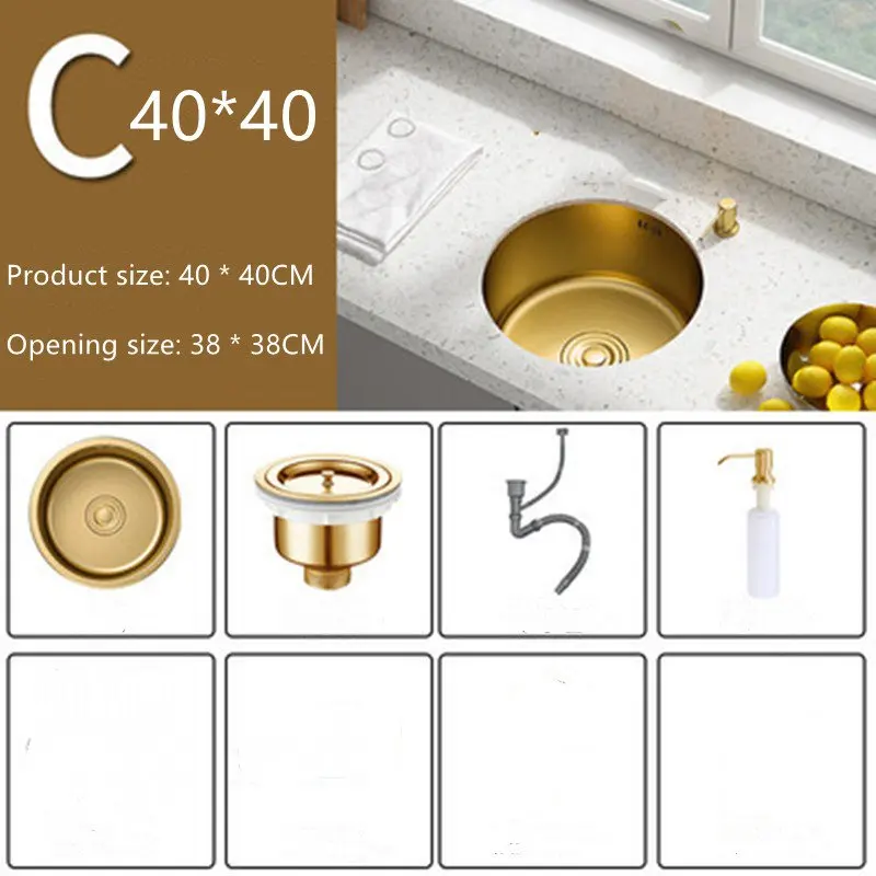 New 40x40 36x36 Nano Gold Stainless Steel Kitchen  Bar Mini Small Number Round Sink 304 Under The Table Embedded Single Sink