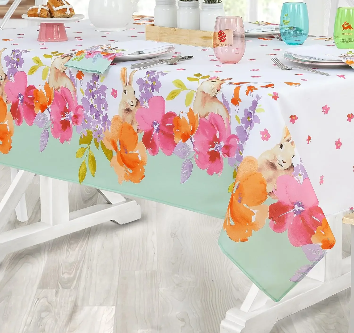 Bunny Flower Fields Easter Spring Fabric Tablecloth Cute Rabbit Vivid Pastel Floral Easy Care Stain Resistant Fabric Table Cloth