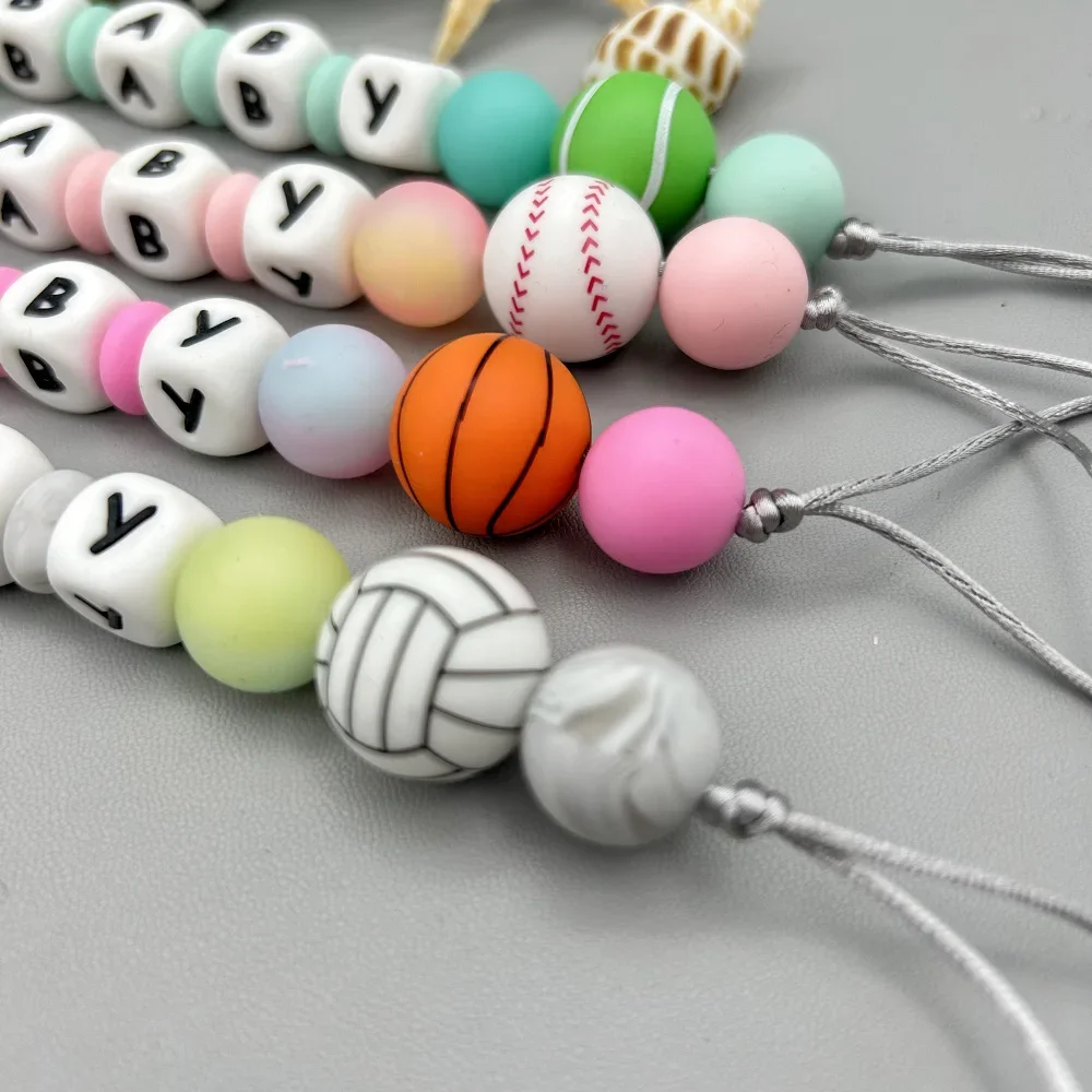 Personalized Letters Name Baby Football Silicone Night Pearl Pendant Pacifier Clips Chains Holder Teether Baby Kawaii Toy Gifts