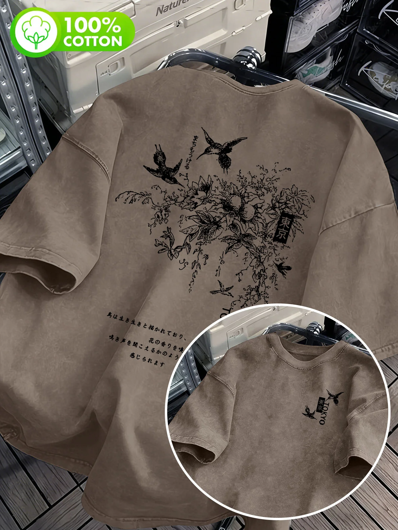 Men 100% Cotton Vintage Washed Tokyo Flower Print Double Sided T Shirt Retro Craft Crew Neck Loose Casual Streetwear S-3XL