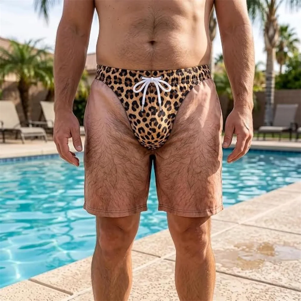 Men Funny Ugly Swim Trunks Novelty Leopard Splice Board Shorts Drawstring Waist Loose Summer Quick‑dry Hawaiian Style Trunks