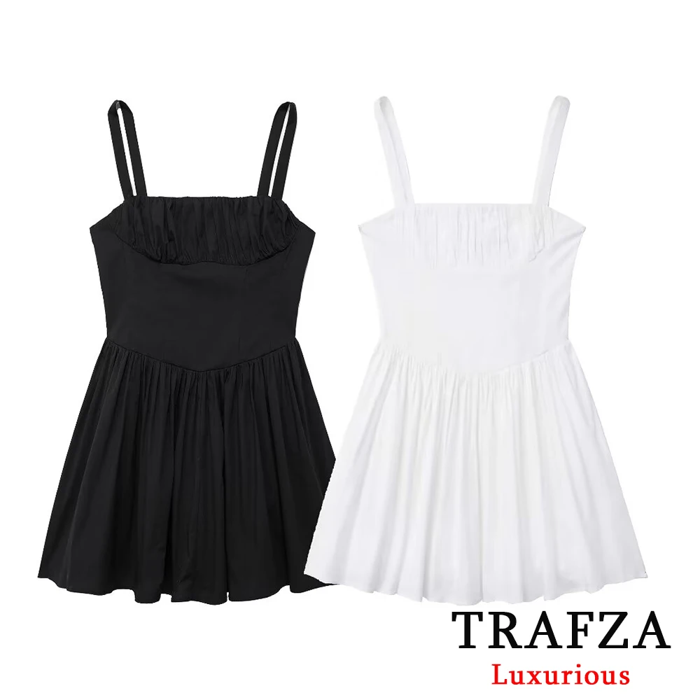 TRAFZA Sexy White Ruffles Mini Dress Women Square Collar Elastic Holiday Dress Fashion 2024 Summer Elegant Beach Style Dress