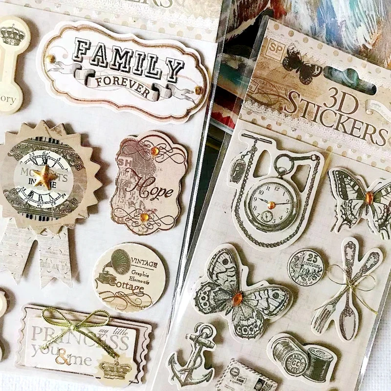 Vintage Label 3D Stickers Scrapbooking Material Flower Butterfly Bird Pattern DIY Junk Journal Card Tag Making Embellishment