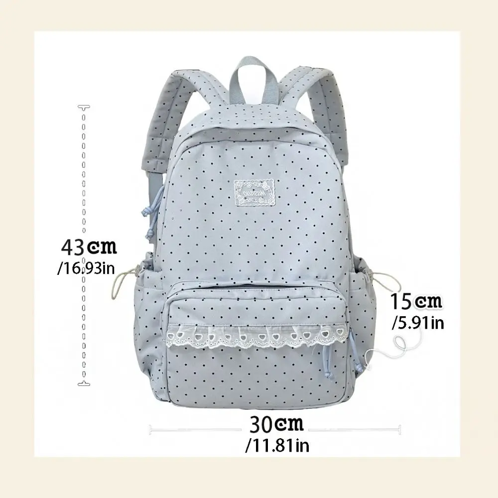 Modischer Süßer Polka-Dot-Rucksack mit Minimalistischem Schleifendesign und Spitzenbesatz, Leichter, Strapazierfähiger Schulrucksack für Schüler und Pendler – Detail 1