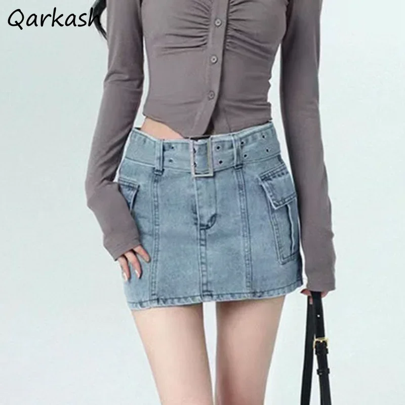 

Denim Mini Skirts Women Spring Autumn Hot Sweet Slim High Waist Sexy Ladies Jupe Femme Pockets Design College Casual Simple Chic