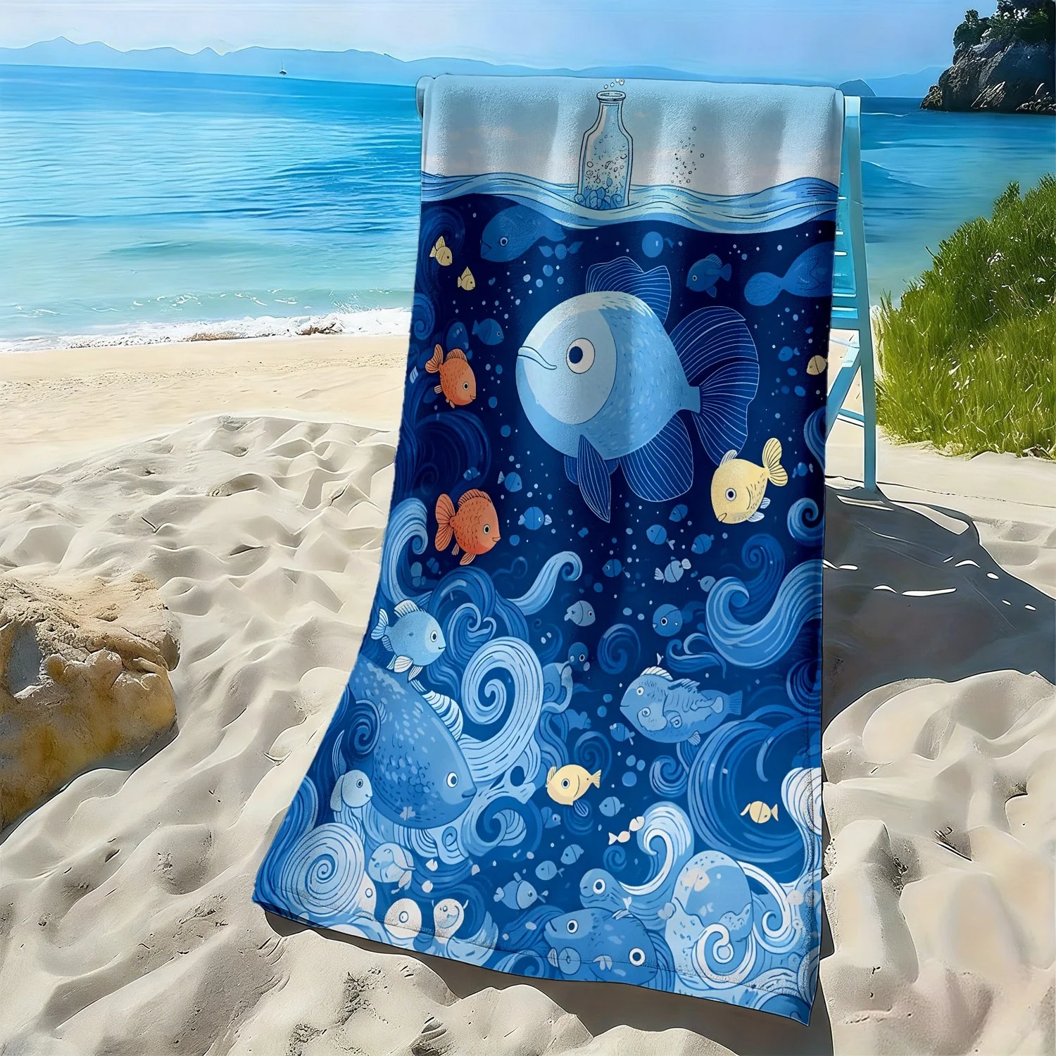 Blue waves and colorful fish patterns polyester microfiber beach towel is highly absorbent, suitable swimming and beach outings