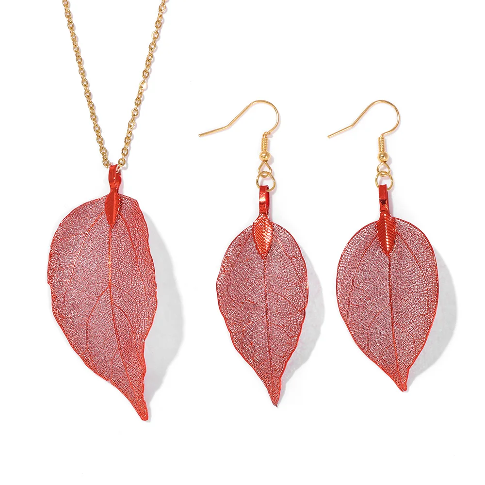 Women's Electroplated Gold Leaves Necklace & Drop Earrings Set