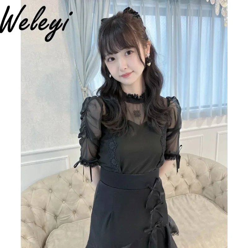 Cutecore Lolita Kawaii Womens Tops and Blouses Lace Collar Embroidered Girls Short Sleeved Lace Up Bow Bottomed Koszule I Bluzki