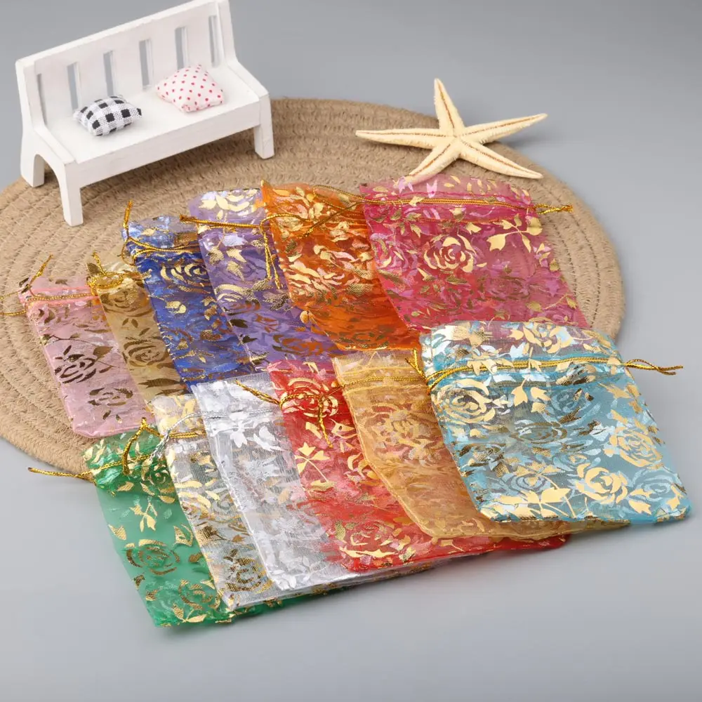 50pcs/lot Jewelry Bag Organza Gift Bag Hot Gold Color Rose Print Gifts Pouches Wedding Christmas Party Candy Jewelry Packing view 5