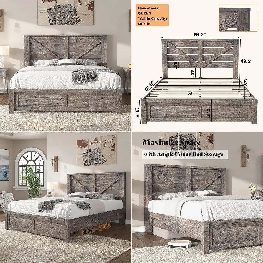 

Queen Size Bed Frame with 49.2 Barn Door Headboard and Footboard, Farmhouse Platform Bed Frame with Wood Slats, No Box Spring N