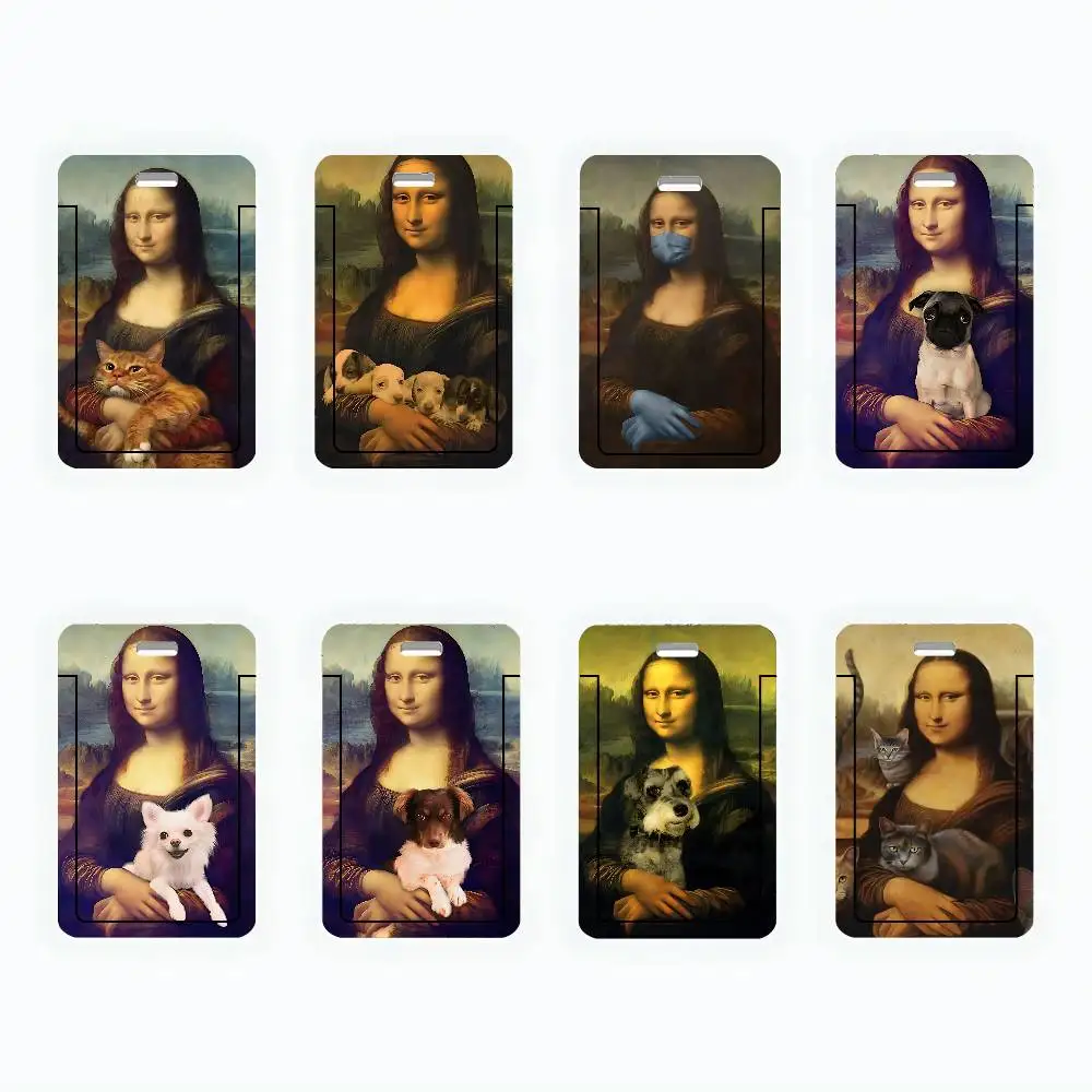 

Interesting Cat Dog And Mona Lisa ID Card Holder PVC Badge Holder With Lanyard Slot Student Bus Card Cover Office Work Card Case